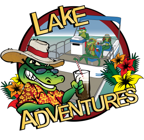 image of logo for Lake Adventures. Logo is a cartoon alligator holding a drink in front of a pontoon boat.